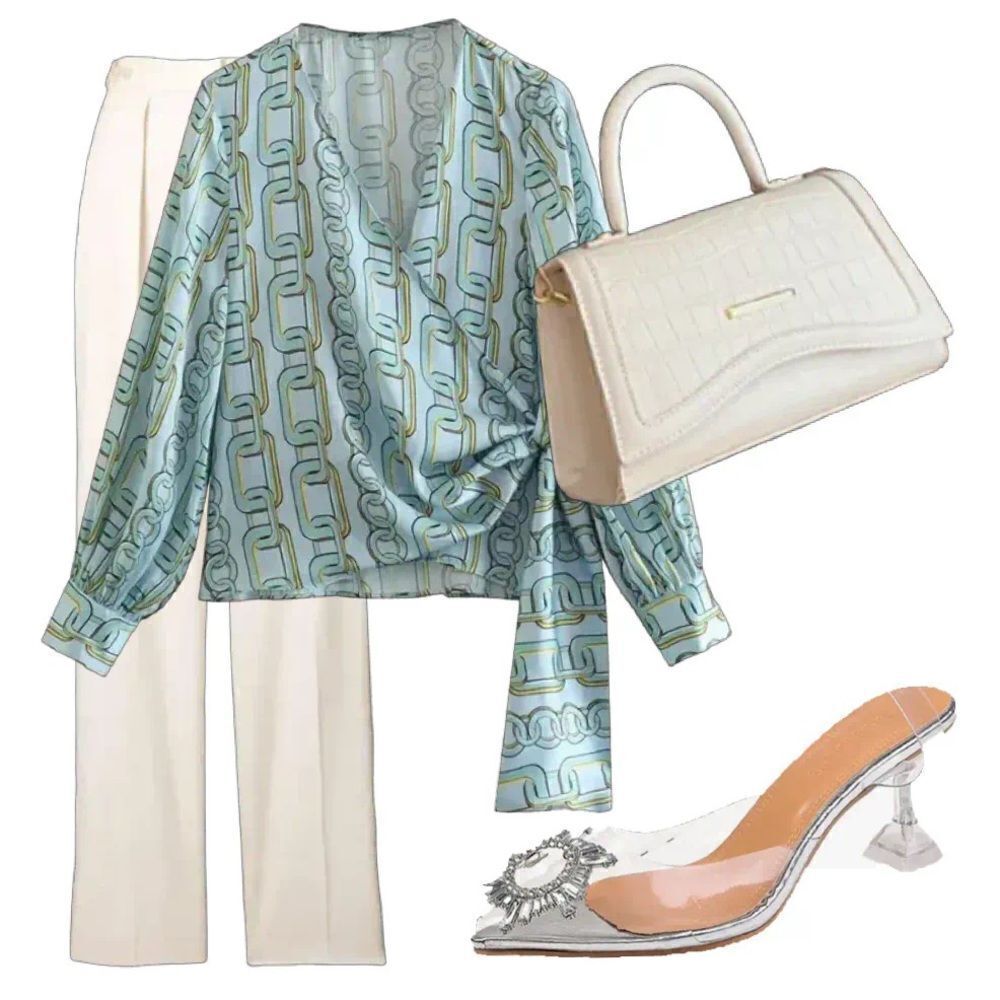 Xi Xi Women Asymmetric V Neck Blue Chain Print Long Sleeve Blouse Size M